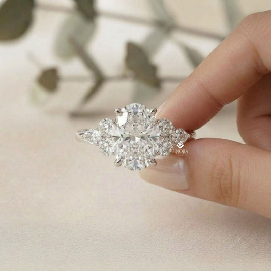 Finora Jewelry – Oval Cut Diamond Seven-Stone Ring – Scalloped Shoulder Design – Available in 10K, 14K Gold (White, Rose, Yellow), 925 Silver & Platinum
