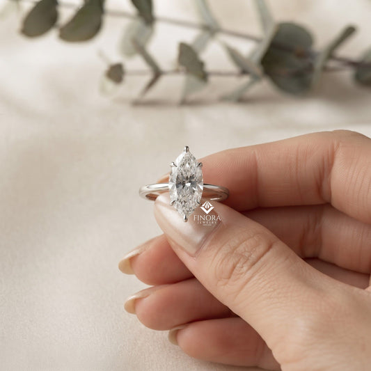 Marquise Cut Moissanite Solitaire Engagement Ring – Sleek Design in 925 Silver, 10K & 14K White, Yellow, Rose Gold, or Platinum | Finora Jewelry