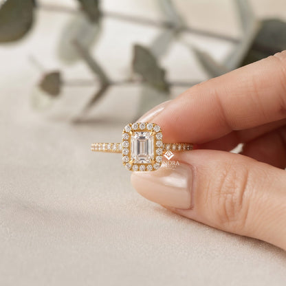 Emerald Cut Halo Ring – Dainty Pave Engagement Ring  – Romantic Gold Bridal Jewelry