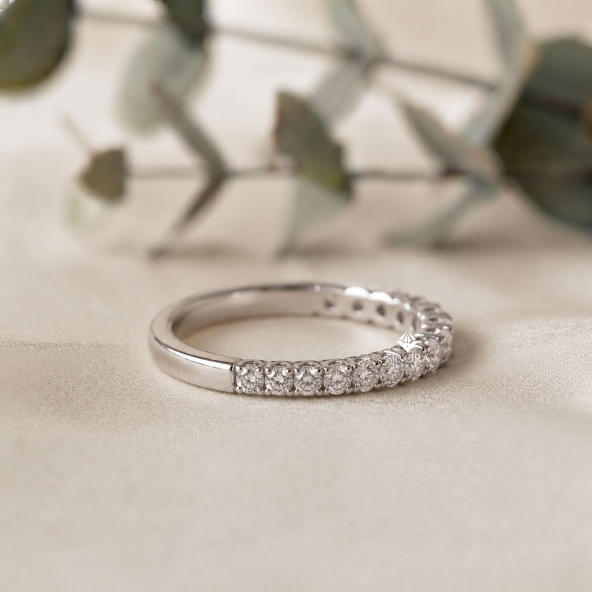 round cut moissanite pavé wedding band in 925 sterling silver / 10k & 14k gold