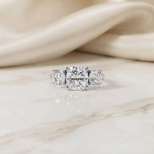 Three-Stone Cushion Cut Diamond Engagement Ring – Trio of Brilliance in White Gold or Platinum – Finora Symbolic Design of Past, Present & Future – Elegant Gift for Her