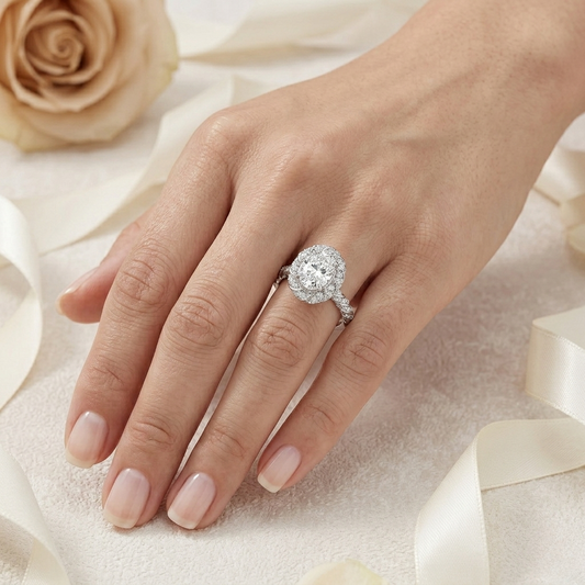 Floral Halo Diamond Engagement Ring – Intricate Swirl Pavé Design in White Gold or Platinum – Nature-Inspired Elegance – Vintage Glamour Statement Ring