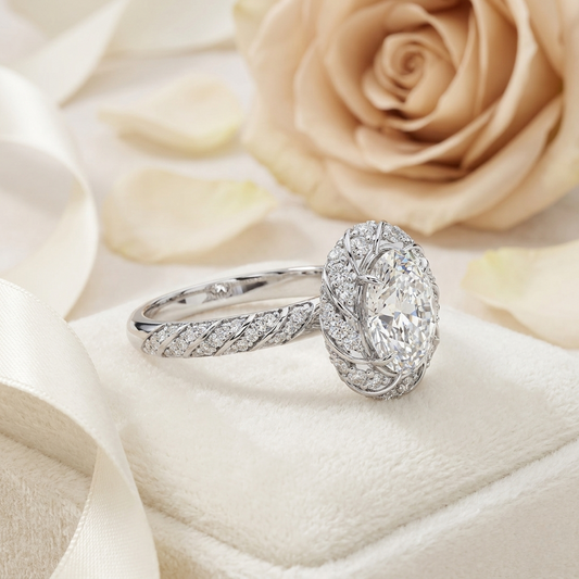 Floral Halo Diamond Engagement Ring – Intricate Swirl Pavé Design in White Gold or Platinum – Nature-Inspired Elegance – Vintage Glamour Statement Ring