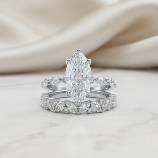 Marquise Cut Moissanite Engagement Ring Set with Matching Band, Vintage Leaf Design – Finora Jewelry