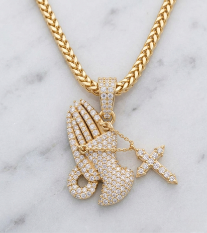 Moissanite Diamond Praying Hand Pendant with Cross Charm – Iced-Out Hand Holding Cross Pendant | Finora Jewelry