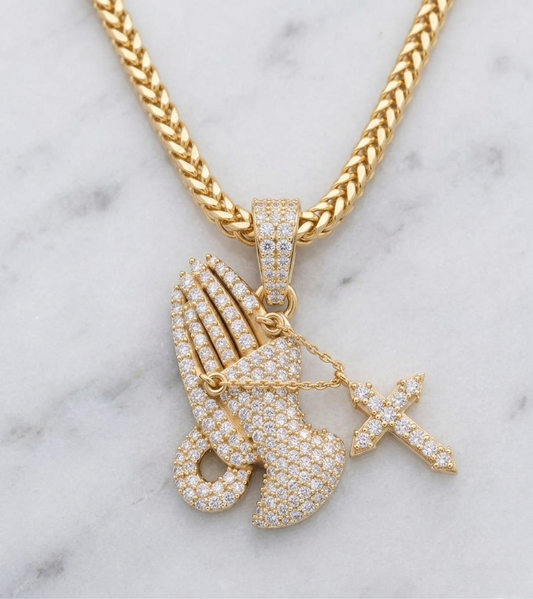 Moissanite Diamond Praying Hand Pendant with Cross Charm – Iced-Out Hand Holding Cross Pendant | Finora Jewelry
