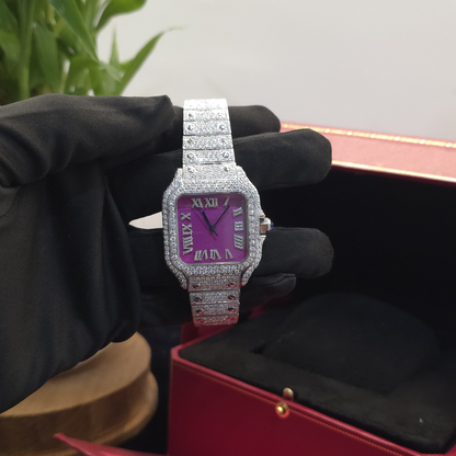 Men’s Iced Out Watch | 36MM | White Finish | Pink Dial | Roman Numeral Design