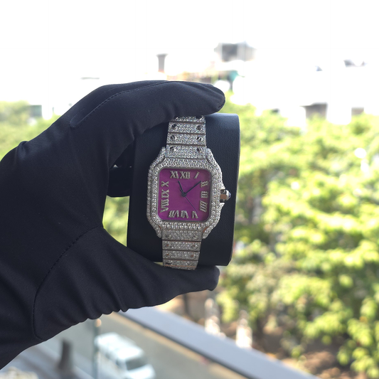Men’s Iced Out Watch | 36MM | White Finish | Pink Dial | Roman Numeral Design