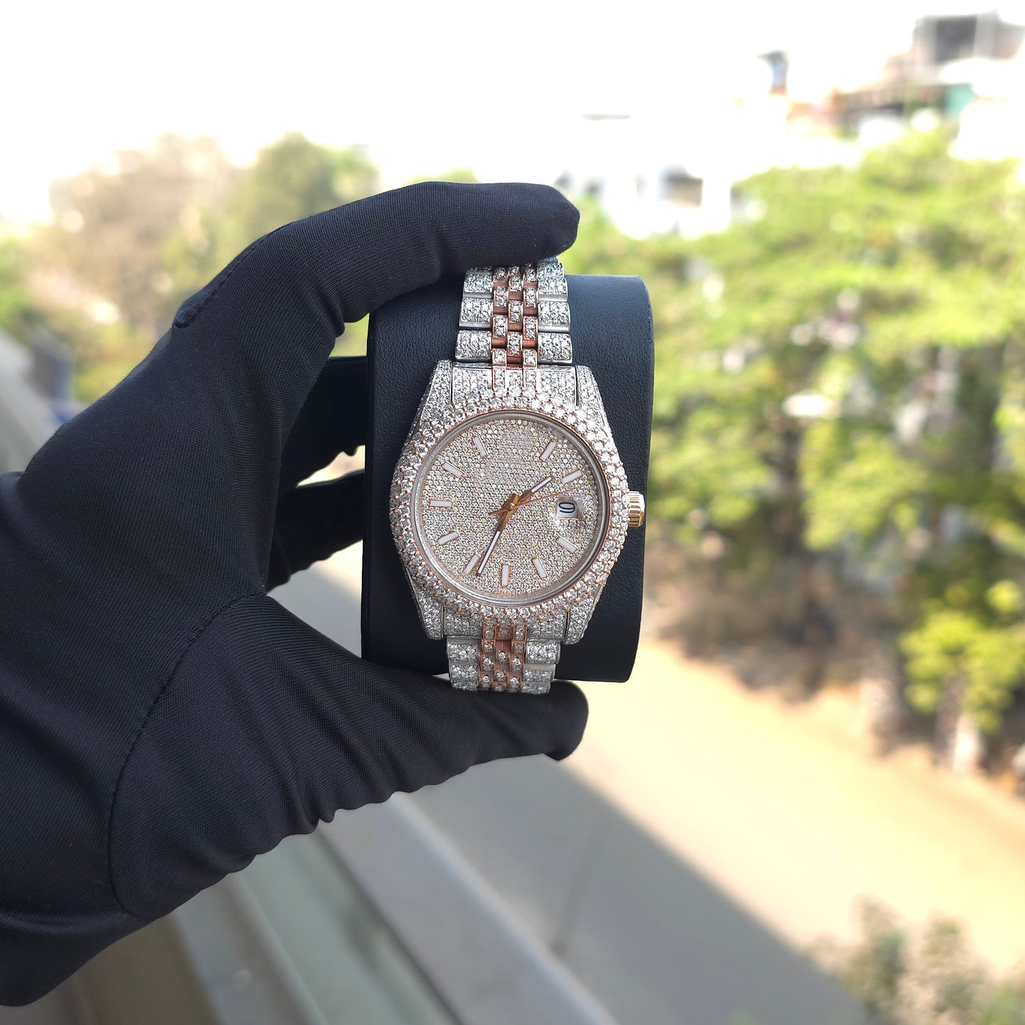 two-tone iced out 41mm men’s watch – moissanite bust down rose gold & silver
