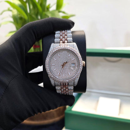 Two-Tone Iced Out 41mm Men’s Watch – Moissanite Bust Down Rose Gold & Silver