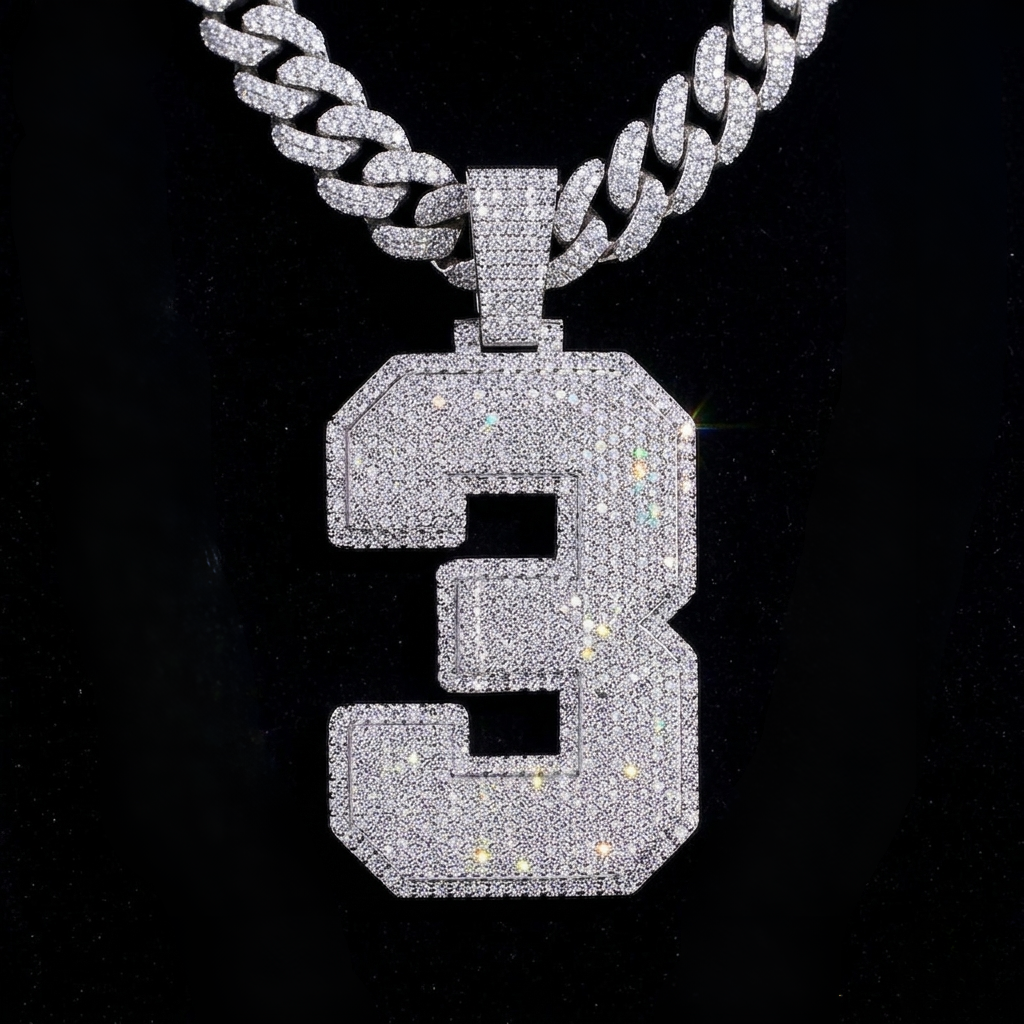 finora jewelry: custom iced-out with custom number pendant – precision-cut and diamond-encrusted