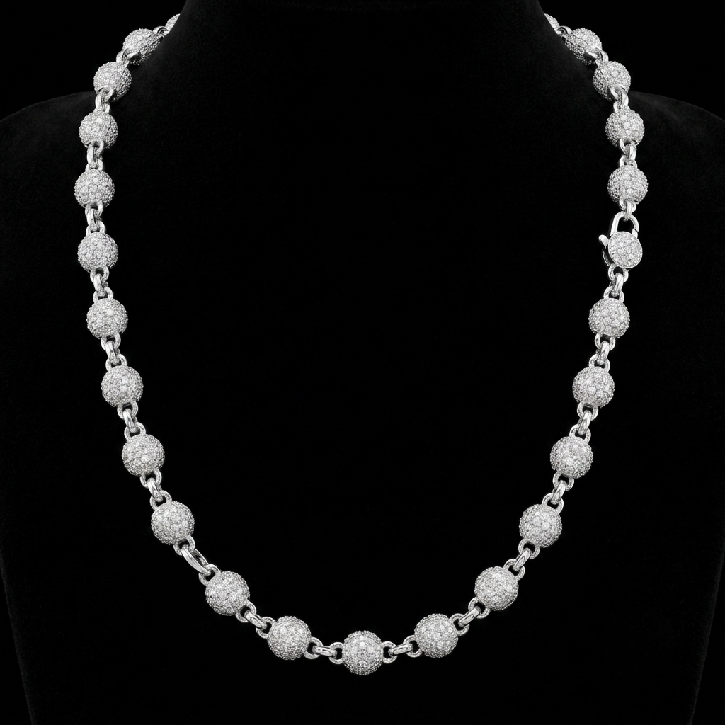 moissanite silver ball link chain - iced out round baller necklace