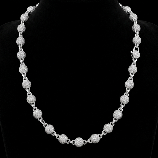 Moissanite Silver Ball Link Chain - Iced Out Round Baller Necklace