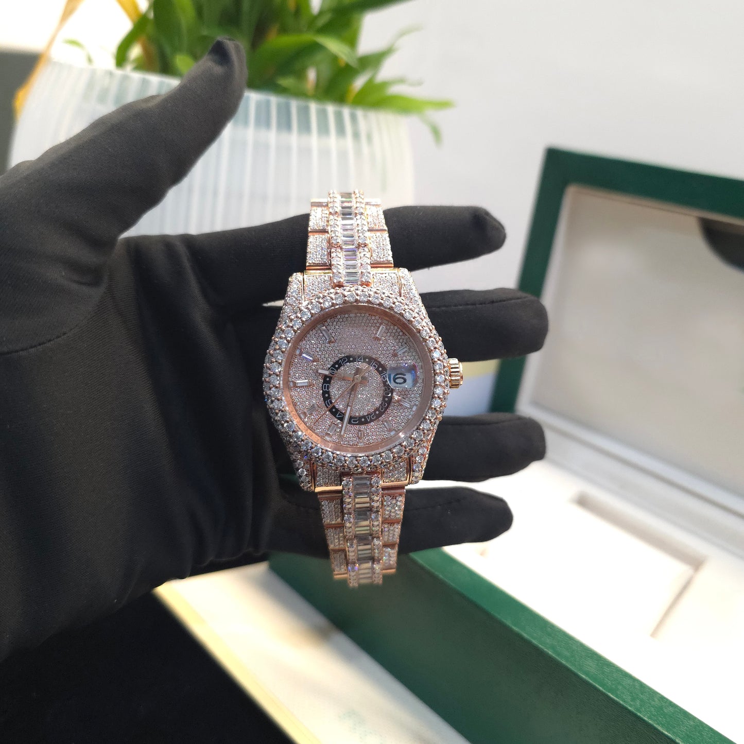 moissanite presidential watch | rose gold | 41mm | roman dial | fully iced out