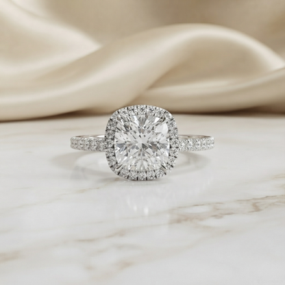 Cushion Cut Halo Moissanite Engagement Ring with Pavé Diamonds – Elegant Cushion Halo in White, Yellow, or Rose Gold | Finora Jewelry
