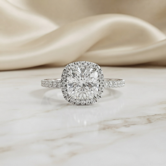 Cushion Cut Halo Moissanite Engagement Ring with Pavé Diamonds – Elegant Cushion Halo in White, Yellow, or Rose Gold | Finora Jewelry