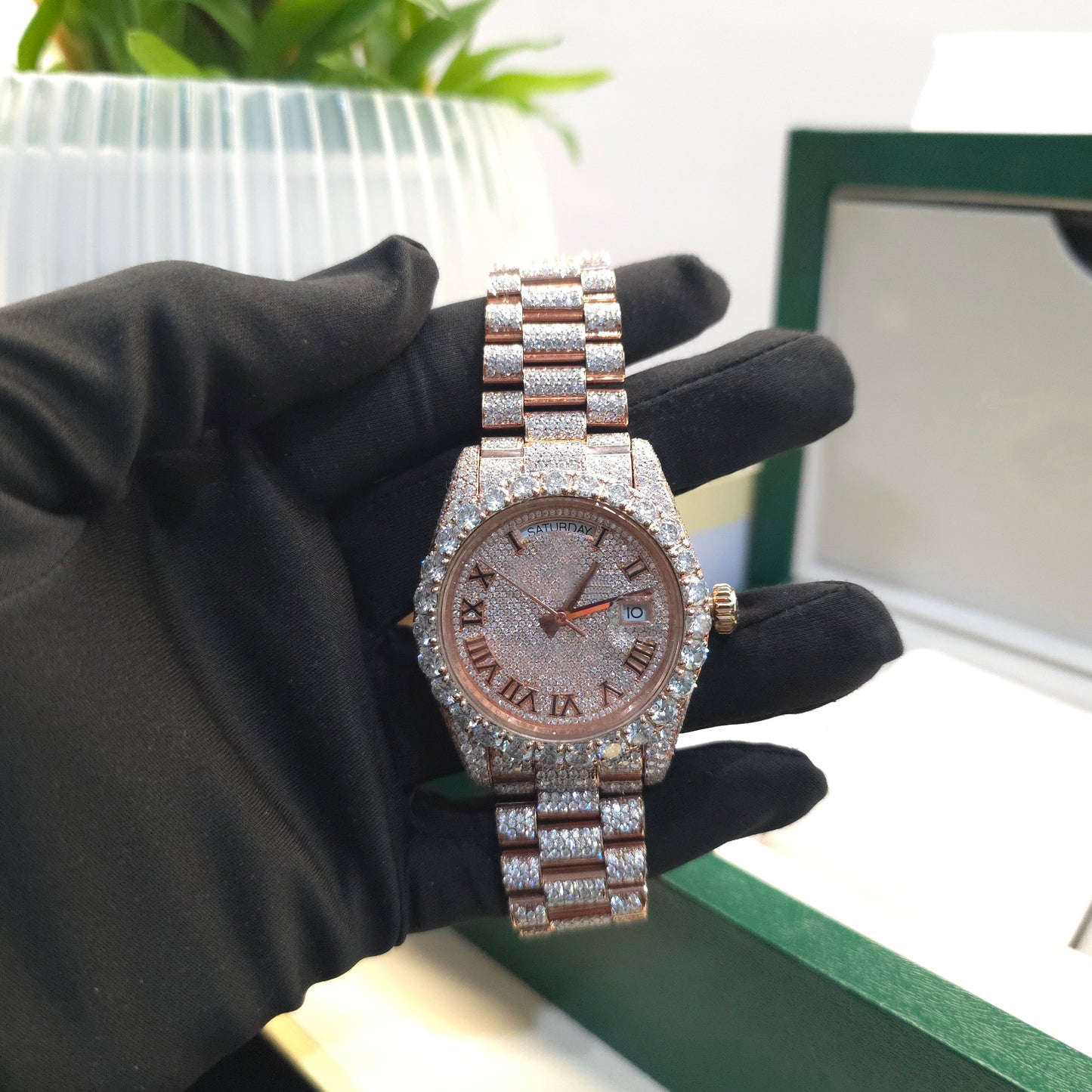 moissanite presidential watch | 41mm | roman numeral dial | iced out | full rose