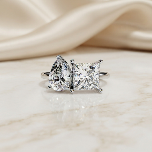 Two-Stone Pear & Princess Cut Diamond Ring – Dual Brilliance in 925 Silver, 10K / 14K Gold, or Platinum – Finora Symbolic Design of Love & Harmony – Meaningful Gift for Her