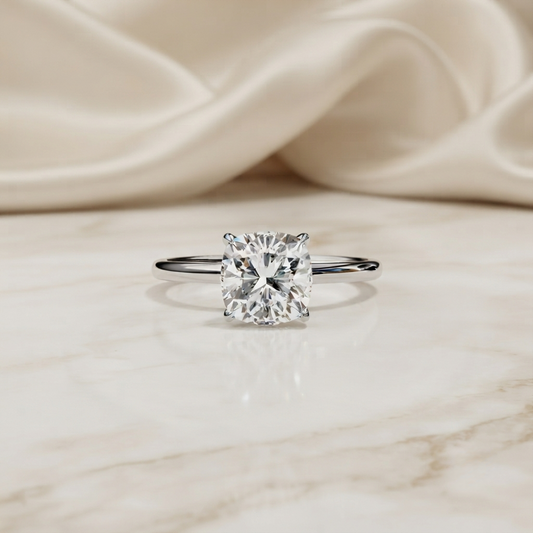 Cushion Cut Moissanite Solitaire Engagement Ring – Elegant 4-Prong Setting in White Gold, Yellow Gold, Rose Gold, or Platinum | Finora Jewelry