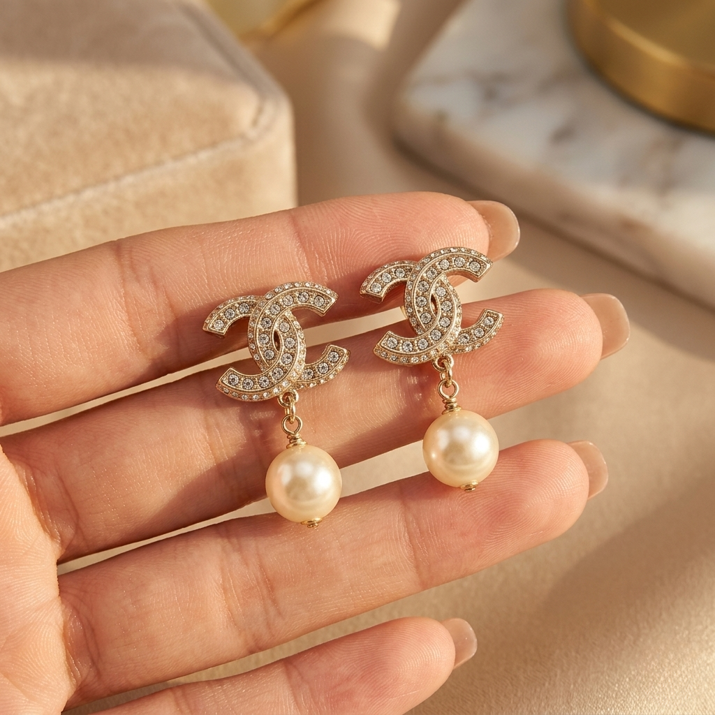 gold interlocking cc drop earrings