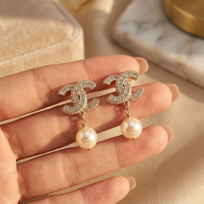 Gold Interlocking CC Drop Earrings
