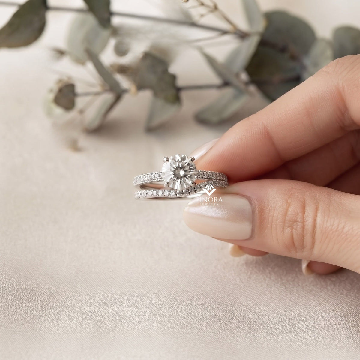 round cut diamond solitaire engagement ring with matching band – finora jewelry