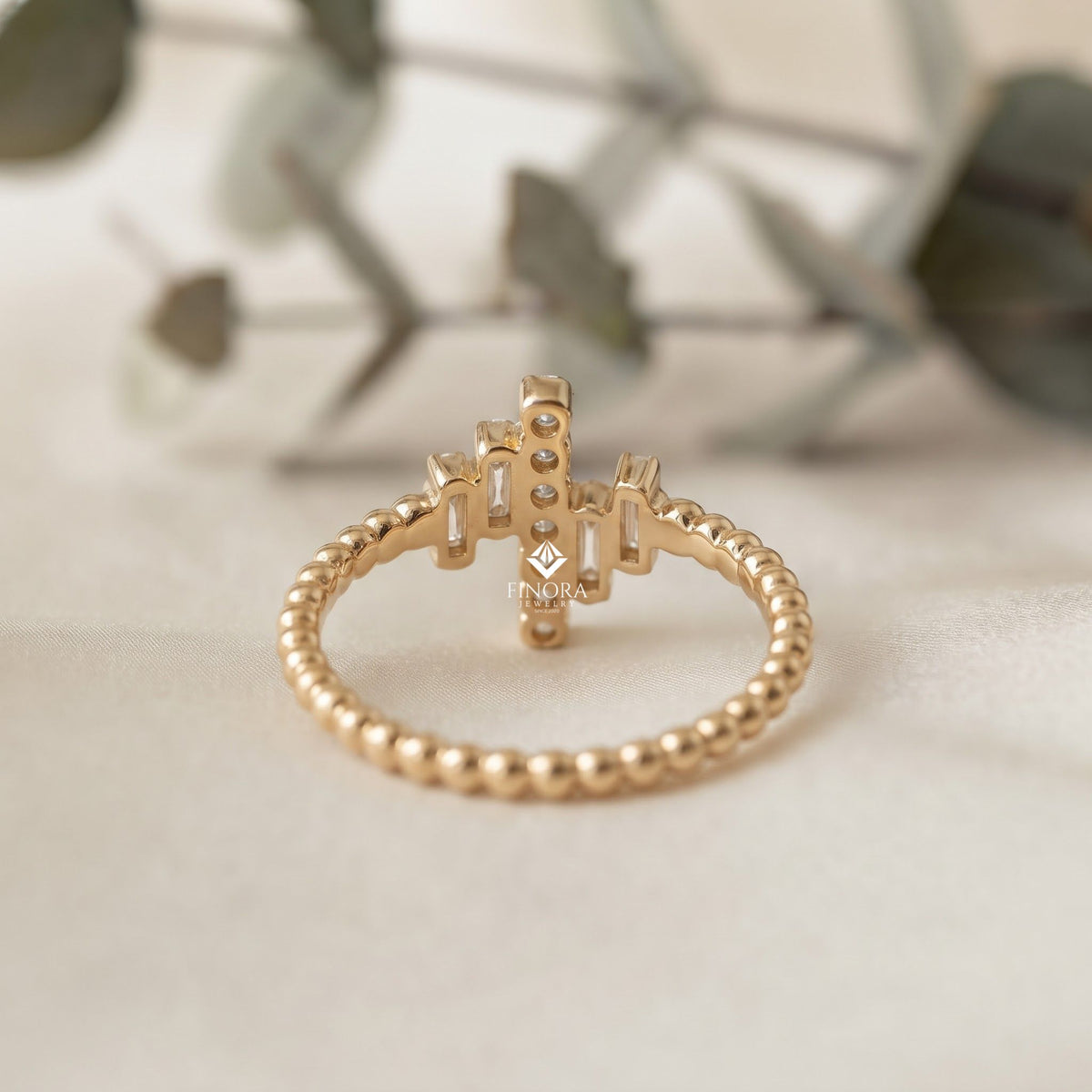 baguette cluster stacking ring – minimalist diamond bar ring –  dainty gold bead band