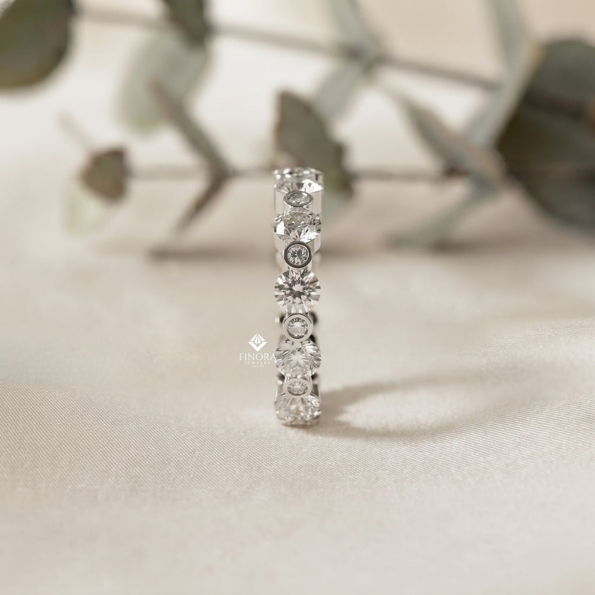 alternating bezel-set diamond eternity band ring in 925 silver, 10k/14k gold (rose/white/yellow), & platinum – finora jewelry
