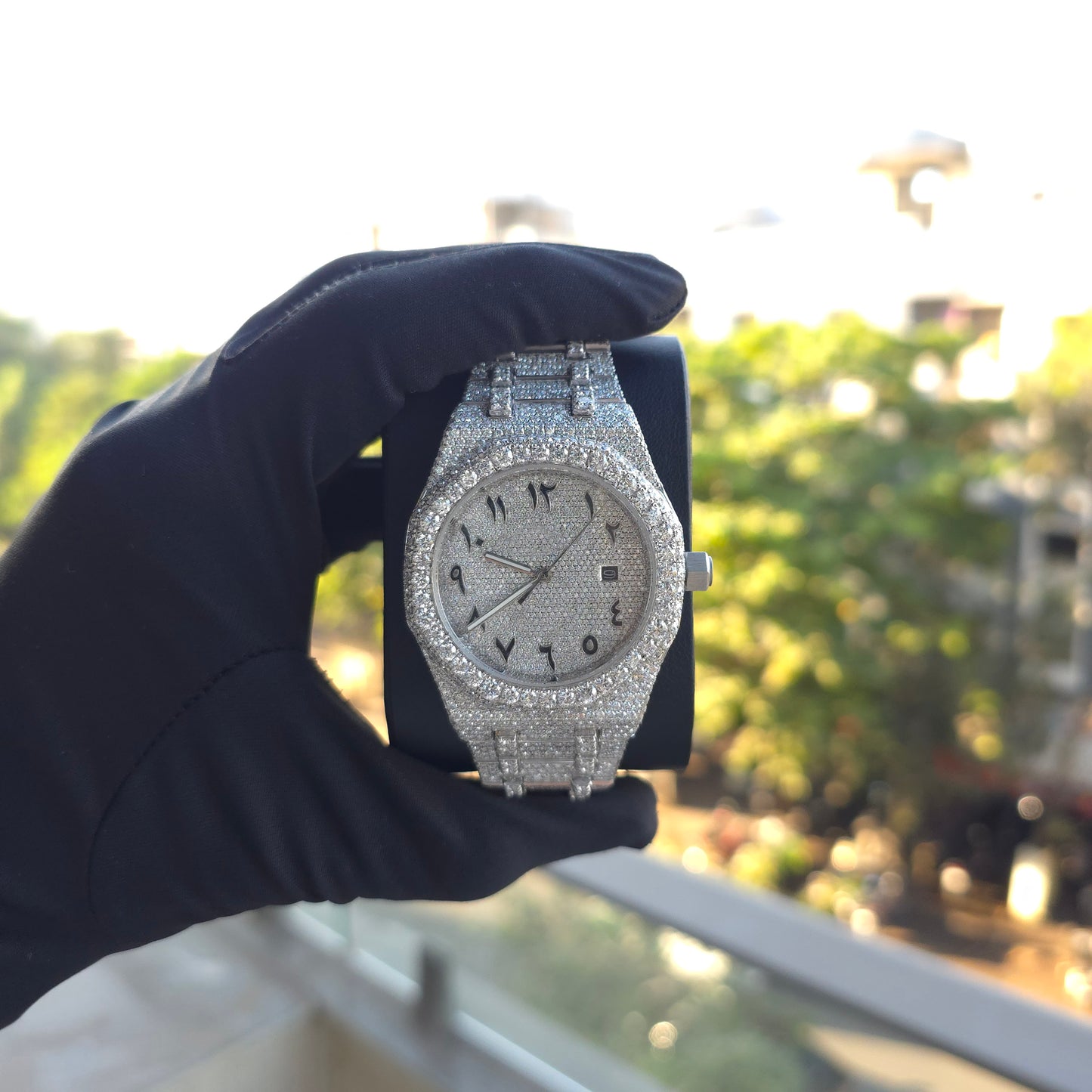 luxury iced-out diamond watch with arabic numerals-burst down watch