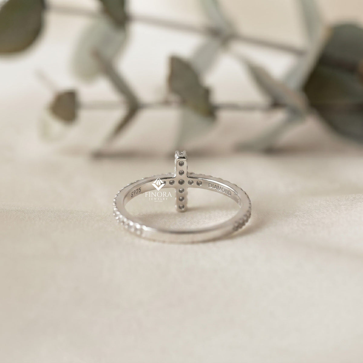 dainty diamond cross ring – minimalist horizontal cross band