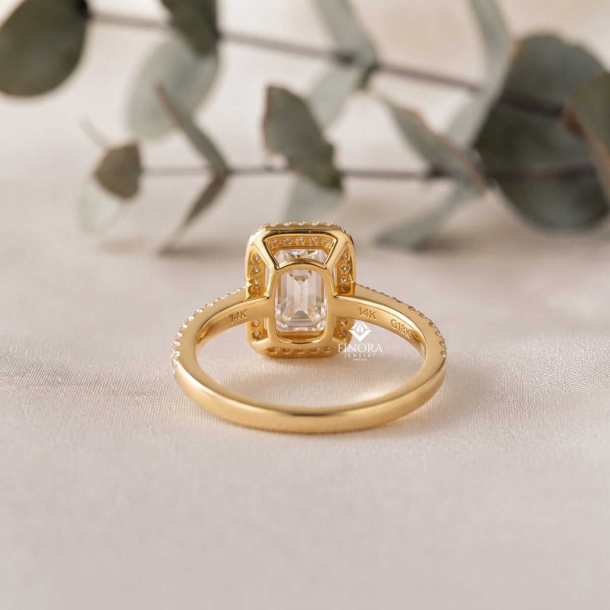 emerald cut halo ring – dainty pave engagement ring  – romantic gold bridal jewelry