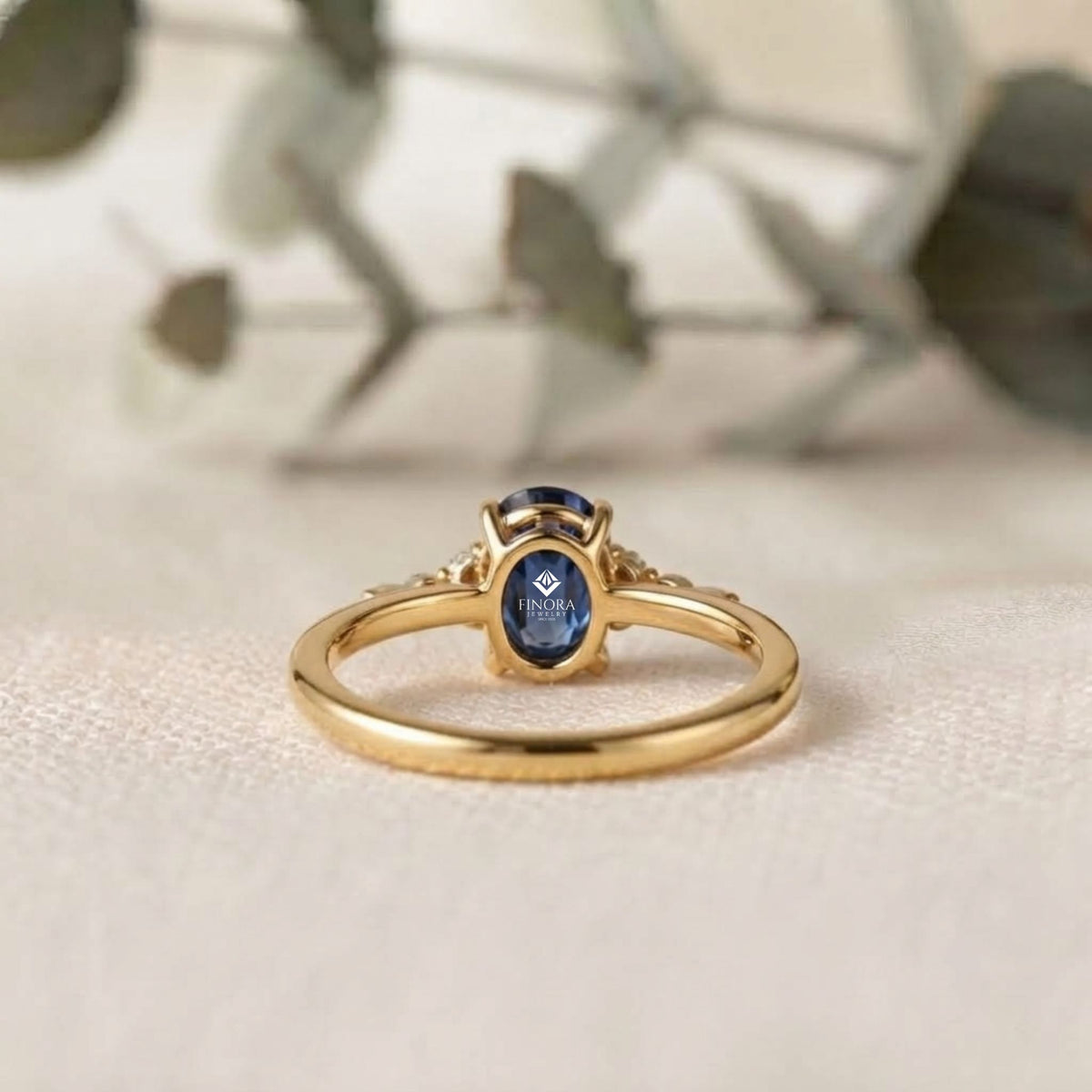 oval blue sapphire and diamond cluster ring – dainty gold engagement ring
