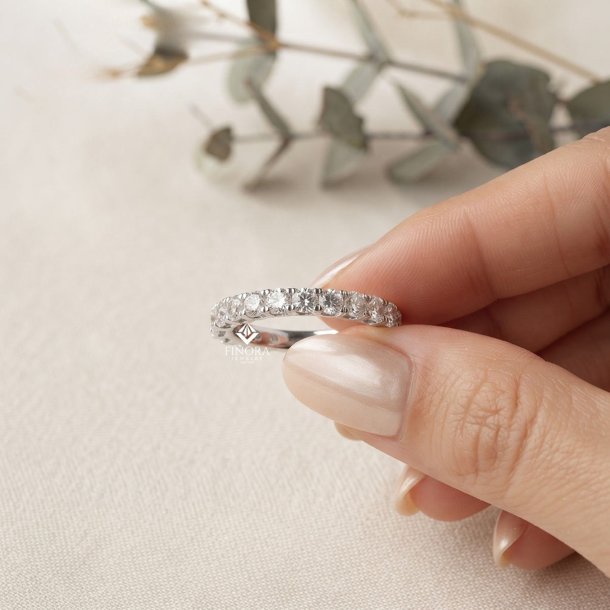 round cut moissanite pavé wedding band in 925 sterling silver / 10k & 14k gold