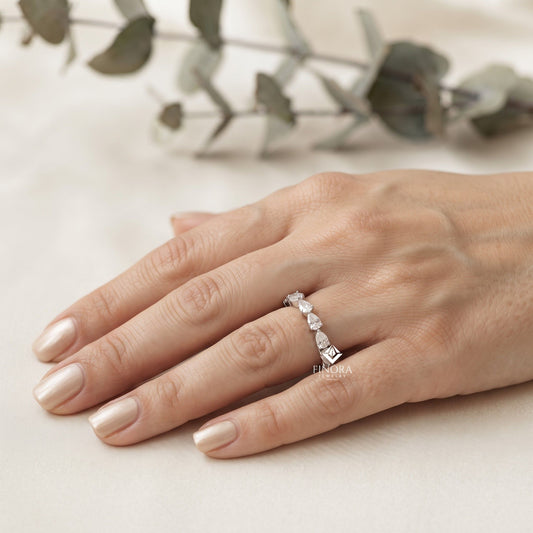 Pear Cut Moissanite Half Eternity Wedding Band, Stackable Ring – Finora Jewelry