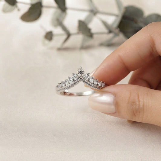 Chevron Crown Diamond Wedding Band – Milgrain V-Shape Tiara Design in 925 Silver, 10K/14K Rose, White & Yellow Gold, or Platinum – Finora Vintage Sparkle for Her