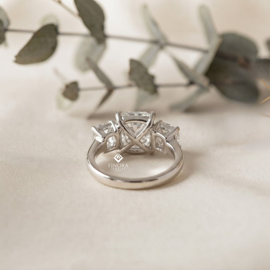 Three-Stone Cushion Cut Diamond Engagement Ring – Trio of Brilliance in White Gold or Platinum – Finora Symbolic Design of Past, Present & Future – Elegant Gift for Her