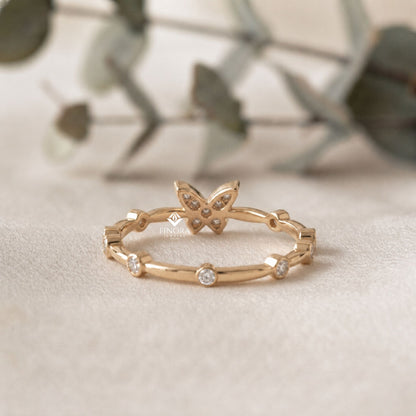 Butterfly Stacking Ring – Dainty Diamond Accent Band – Whimsical Gold Nature Jewelry