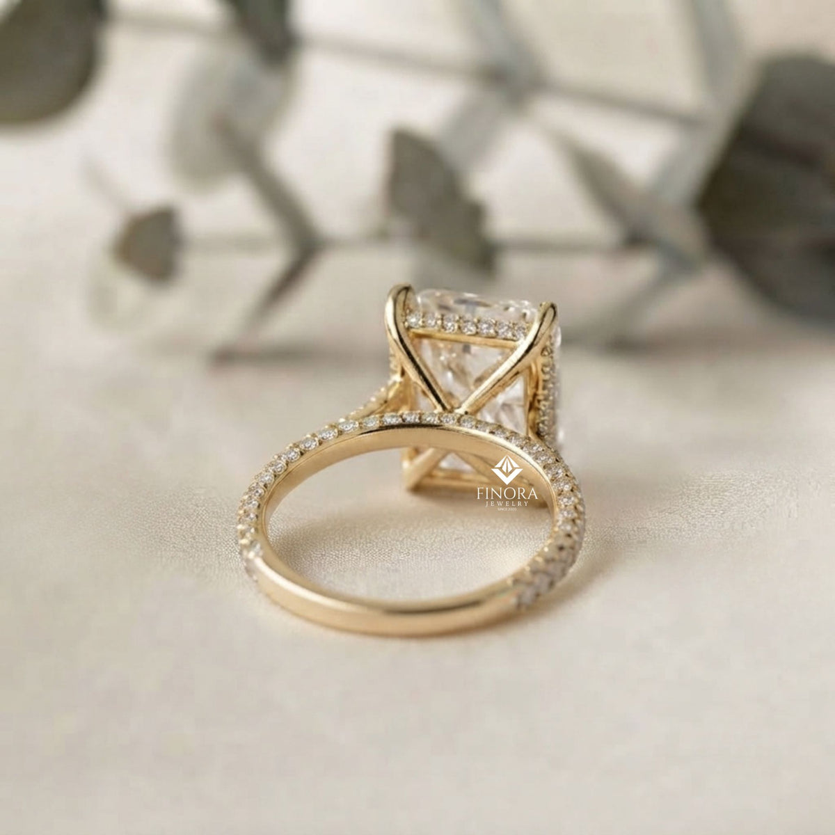 radiant cut moissanite engagement ring –  hidden halo gold bridal jewelry