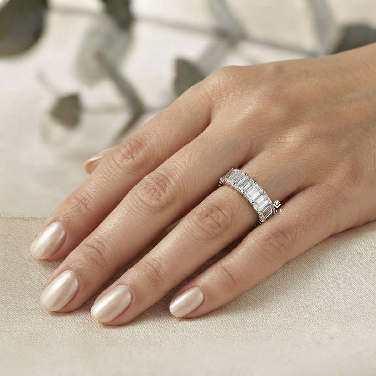 emerald cut diamond eternity wedding band – full circle design in 925 silver, 10k/14k rose, white & yellow gold, or platinum – finora signature sparkle for her