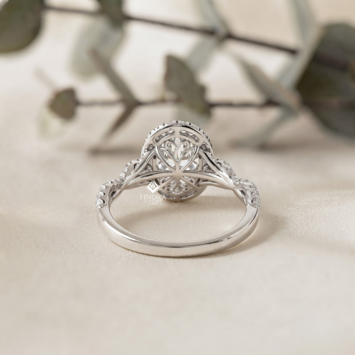 finora jewelry oval halo diamond engagement ring – twisted pavé band with pear accents – available in 10k, 14k gold (white, rose, yellow), 925 sterling silver & platinum