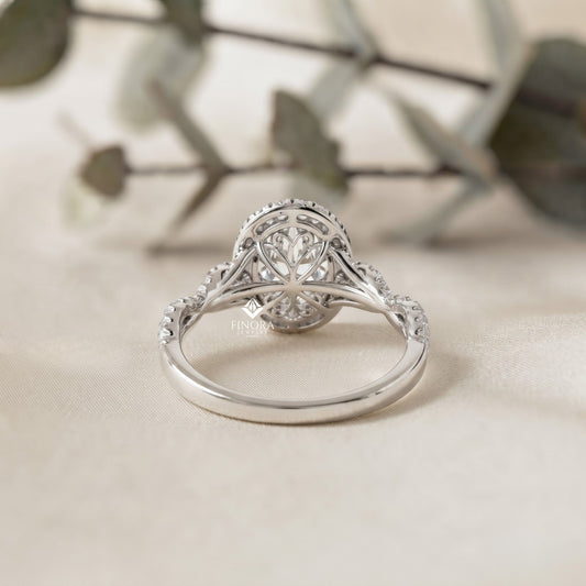 Finora Jewelry Oval Halo Diamond Engagement Ring – Twisted Pavé Band with Pear Accents – Available in 10K, 14K Gold (White, Rose, Yellow), 925 Sterling Silver & Platinum
