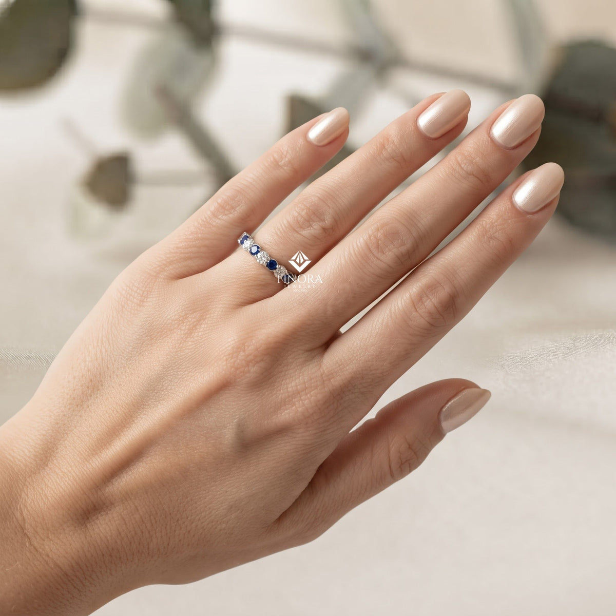 blue & colorless round cut moissanite full eternity wedding band, stackable ring – finora jewelry