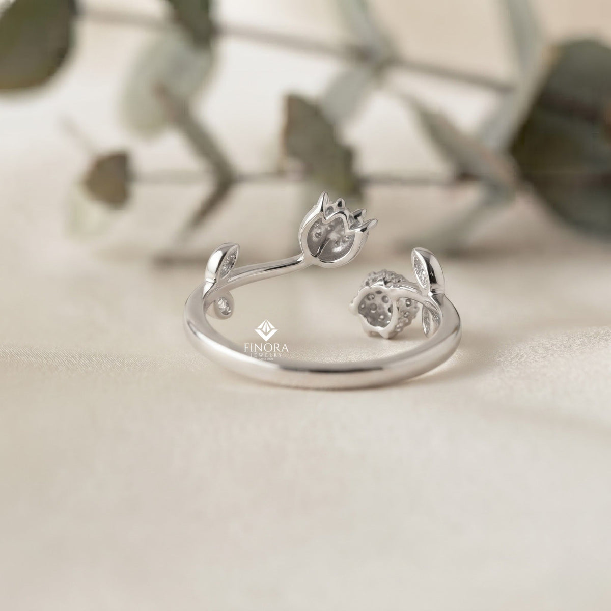 dual tulip bypass ring – adjustable floral diamond ring –  minimalist gold botanical jewelry