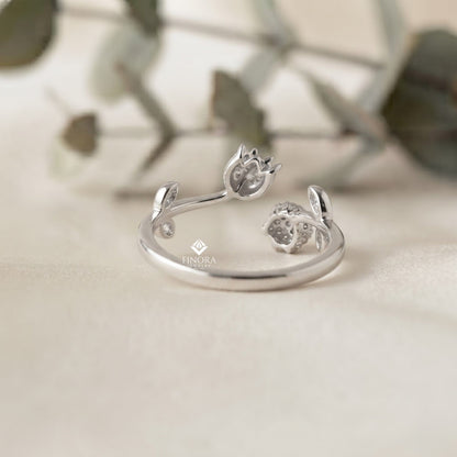 Dual Tulip Bypass Ring – Adjustable Floral Diamond Ring –  Minimalist Gold Botanical Jewelry