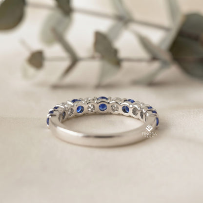 Blue & White Round Cut Moissanite Half Eternity Wedding Band, Stackable Ring – Finora Jewelry