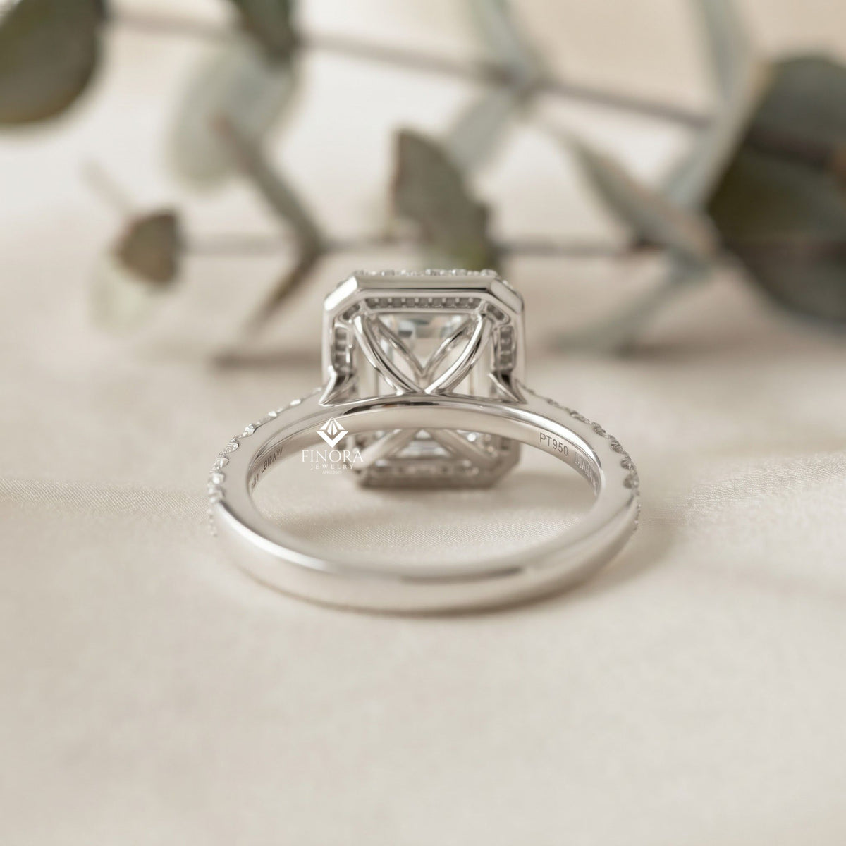 emerald cut halo ring with diamond accents by finora jewelry