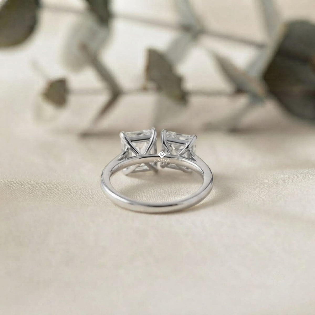 two-stone emerald square & radiant cut diamond open ring in 925 silver, 10k/14k gold, or platinum – finora jewelry