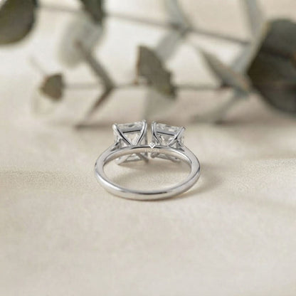 Two-Stone Emerald Square & Radiant Cut Diamond Open Ring in 925 Silver, 10K/14K Gold, or Platinum – Finora Jewelry