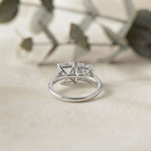 Two-Stone Emerald Square & Radiant Cut Diamond Open Ring in 925 Silver, 10K/14K Gold, or Platinum – Finora Jewelry