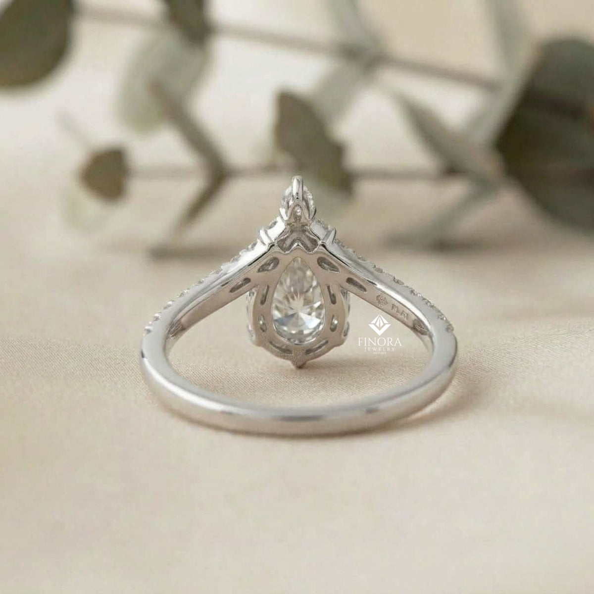 pear cut diamond engagement ring with accent pear & pavé band in 925 silver, 10k/14k gold, or platinum – finora jewelry